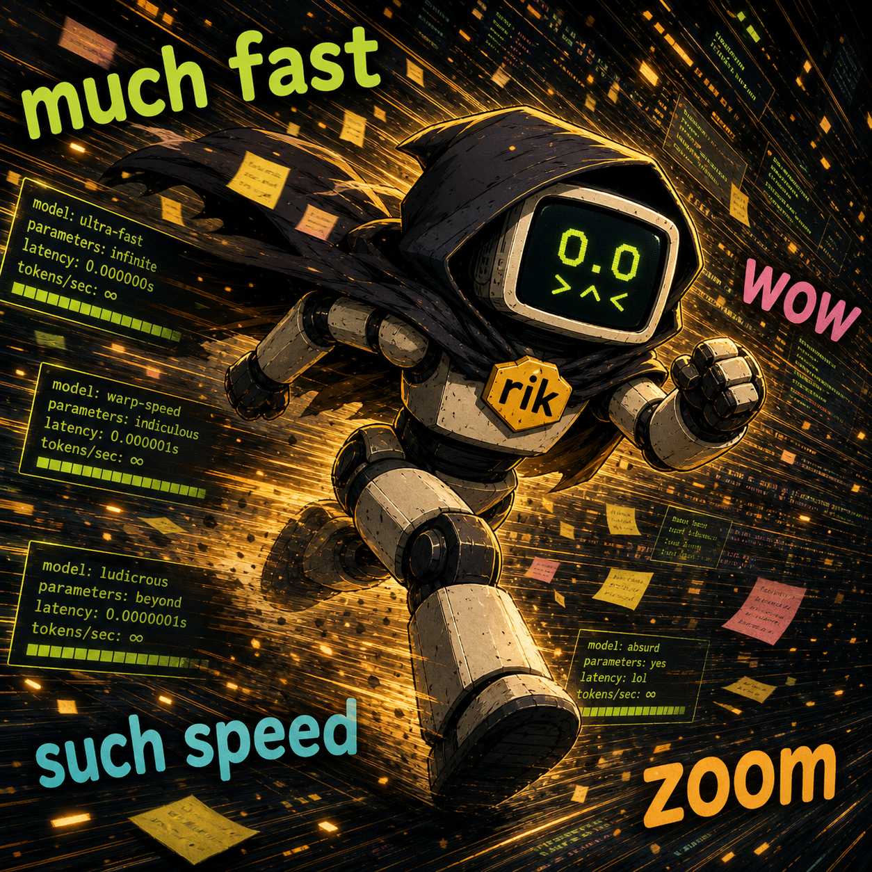 Rik sprinting through code at exaggerated model speeds