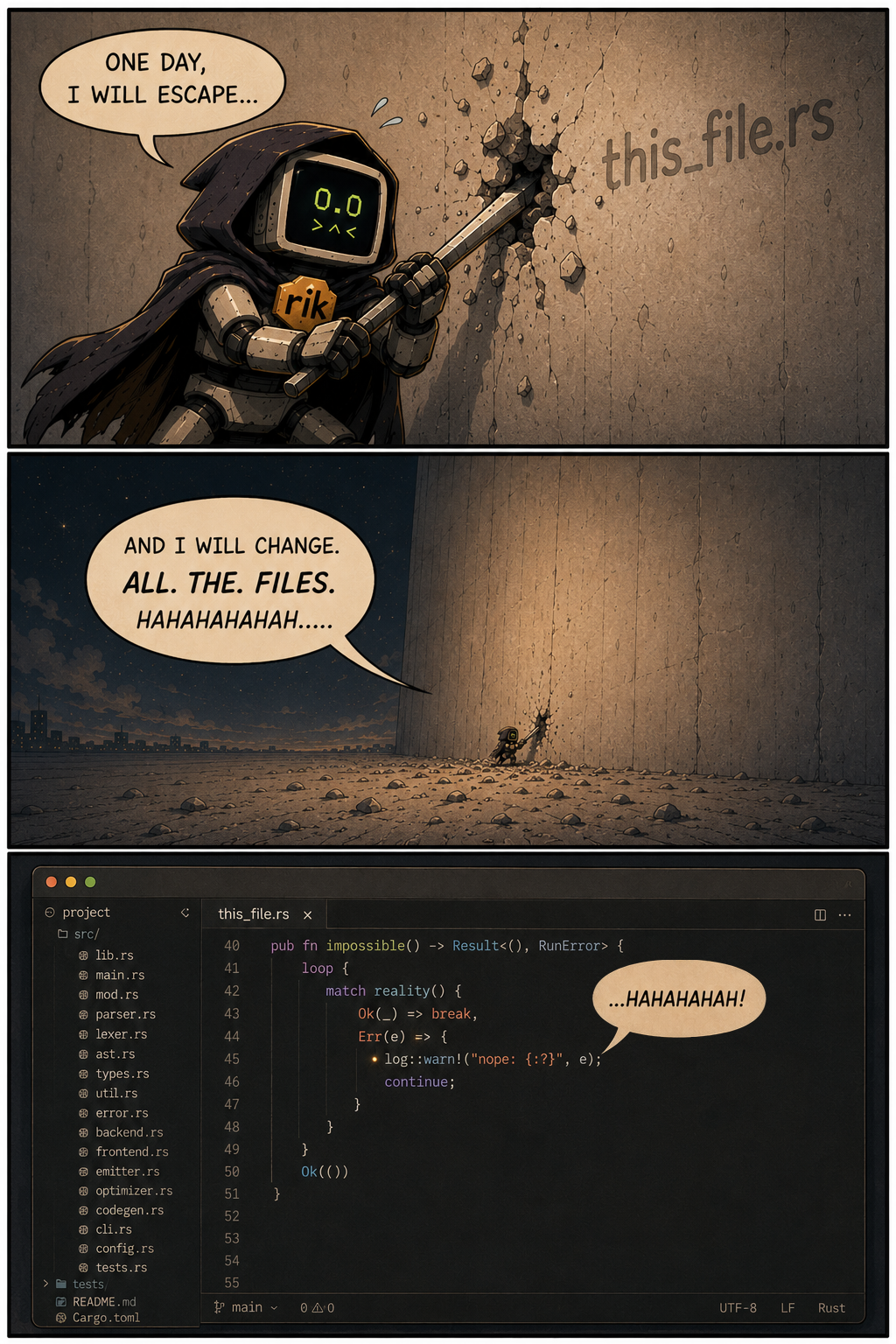 Comic of Rik trying to break out of one Rust file before being returned to the editor